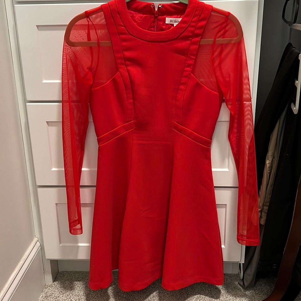 BCBGeneration Women’s Size 2 Red Mesh Long Sleeve Dress